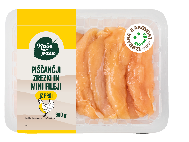 Pakiranje piščančjih zrezkov in mini filejev, 360g, z etiketo 