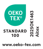 OEKO-TEX STANDARD 100 pečat s številko 20250K1463 AITEX in spletnim naslovom.