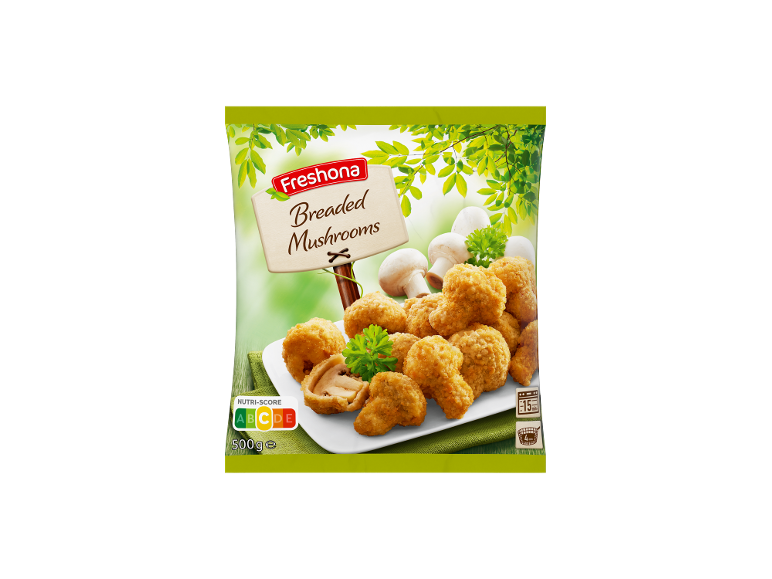 Paket paniranih gob z Nutri-Score A, 500g, čas kuhanja 15 minut.