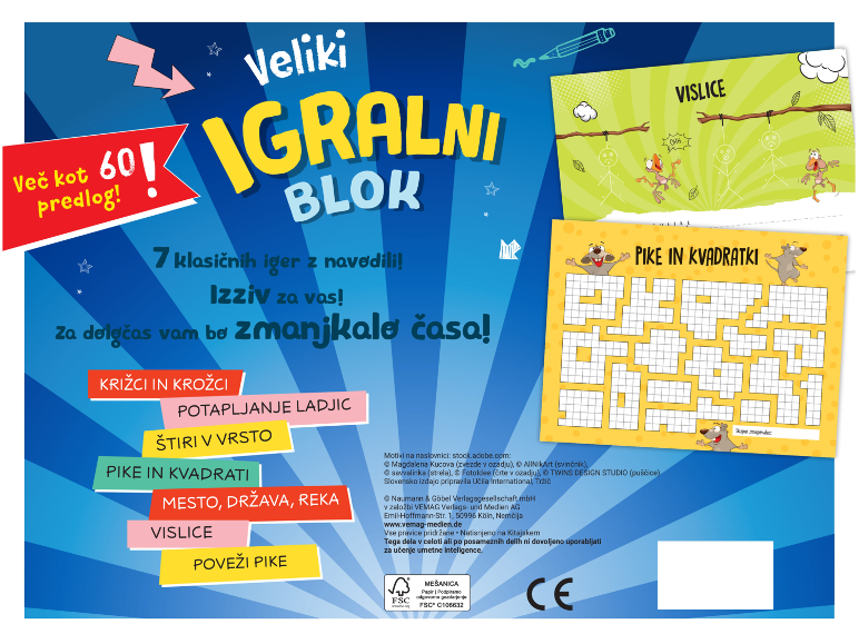 Velik igralni blok z več kot 60 idejami, vključno z vislicami in pikami v kvadratih.