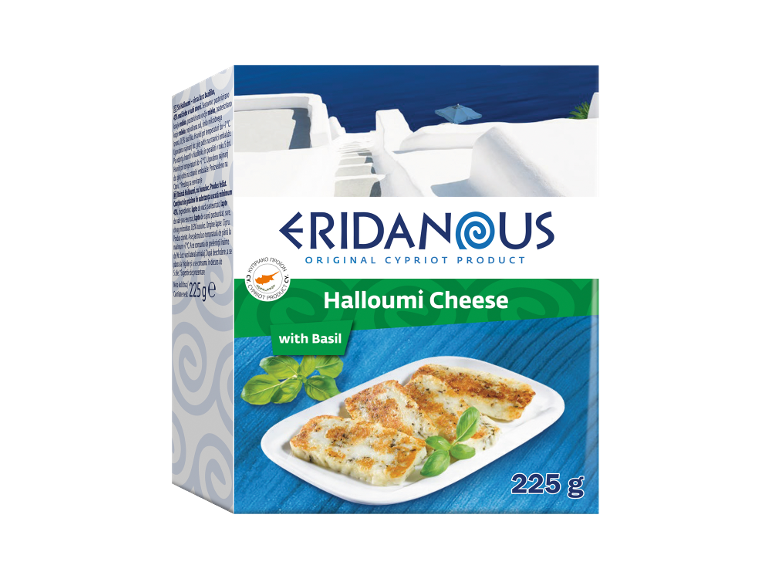 Halloumi sir z baziliko, 225 g, z grško pokrajino v ozadju.