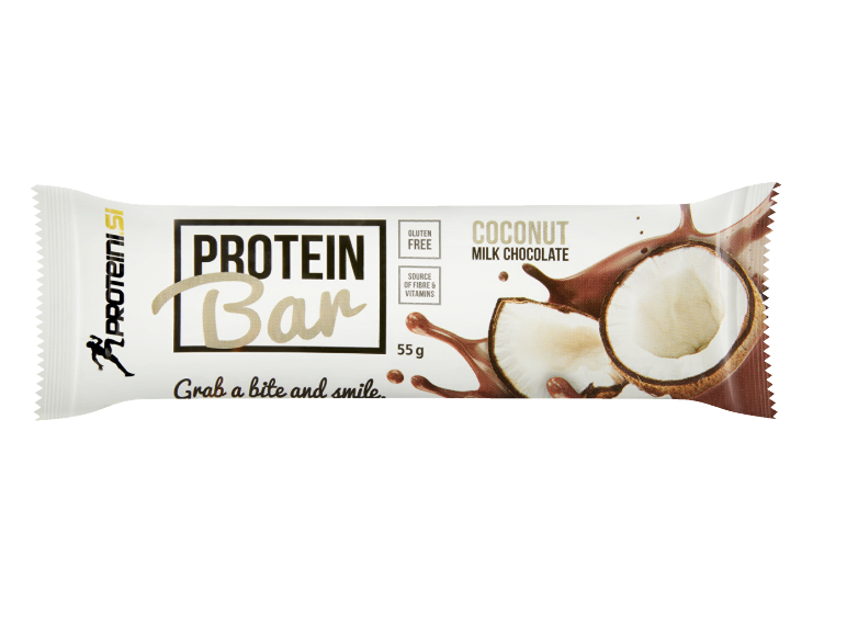 Kokosova mlečna čokoladna beljakovinska ploščica, brez glutena, vir vlaknin in vitaminov, 55g.