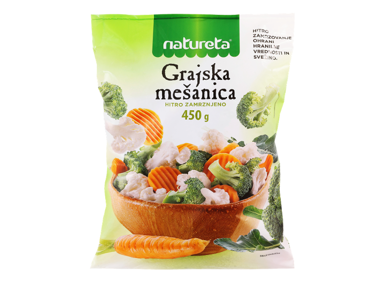 Vrečka zamrznjene zelenjave, brokoli, cvetača in korenje, 450g.