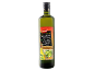 Steklenica ekstra deviškega oljčnega olja z etiketo, ki prikazuje 750 ml in zelene oljke.