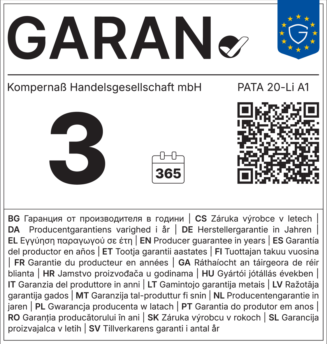 Garancija proizvajalca 3 leta, 365 dni, PATA 20-Li A1, s QR kodo.