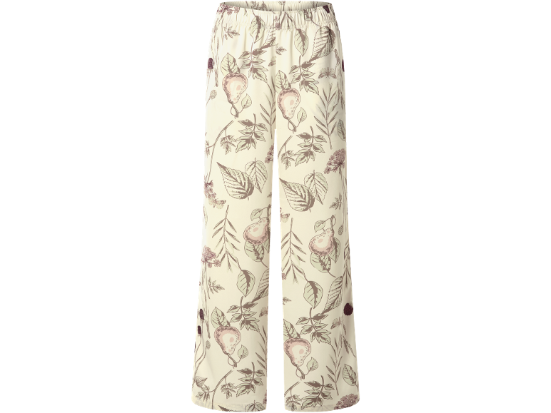 Ženske široke hlače z vzorcem hrušk, listov in cvetov v nevtralnih tonih.