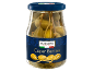 Steklen kozarec s kaprami, z modro etiketo z napisom »Caper Berries«.