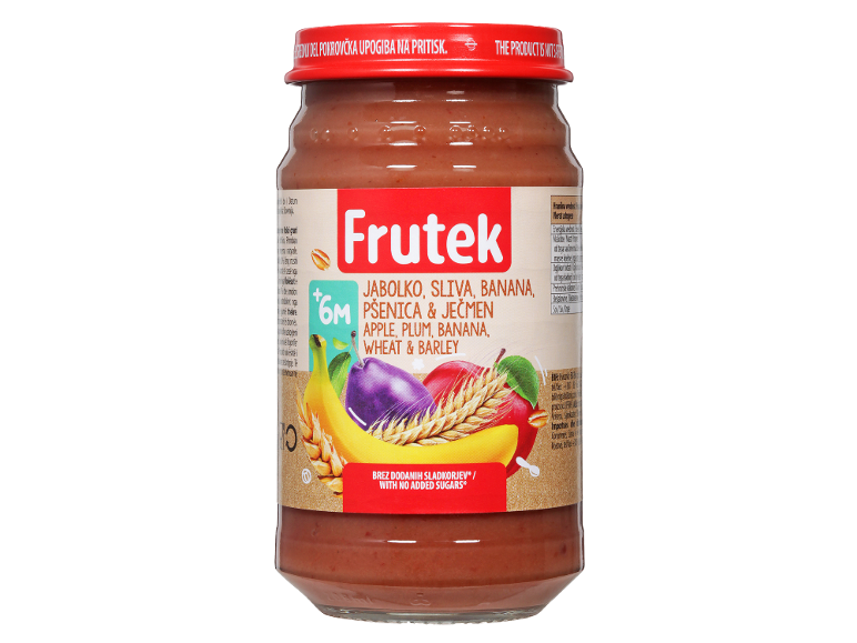Sadno-žitna kašica z jabolkom, slivo, banano, pšenico in ječmenom za dojenčke od 6. meseca dalje.