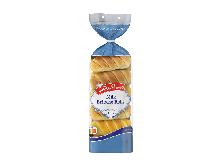 Paketi mlečnih brioš žemljic z etiketo 