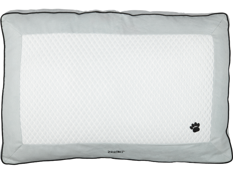 Siva in bela hladilna podloga za hišne ljubljenčke z odtisom šape in besedilom.