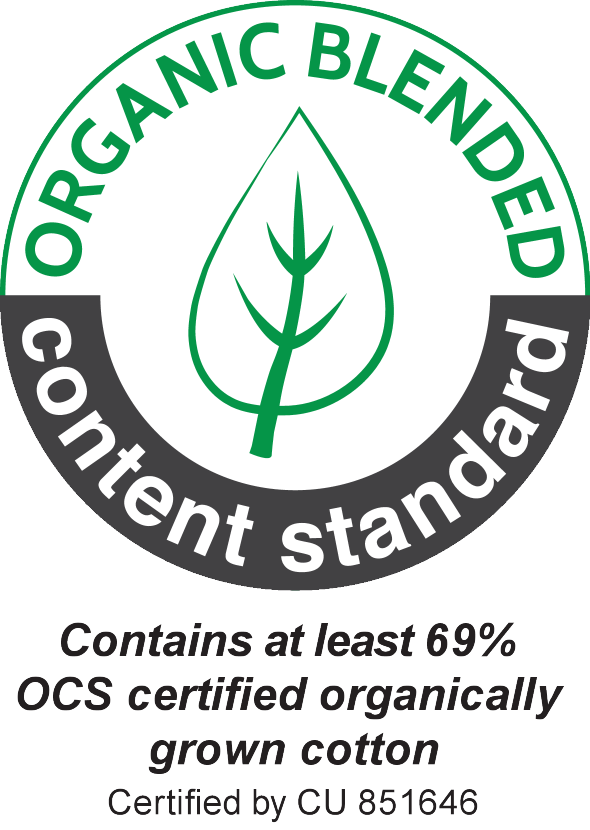 Žig: ORGANIC BLENDED content standard. Vsebuje vsaj 69% OCS certificiranega ekološko pridelanega bombaža. Certificirano s strani CU 851646.