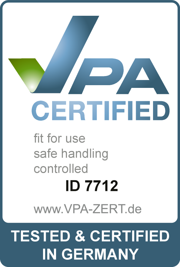 VPA certificiran pečat: primeren za uporabo, varno ravnanje, nadzorovan. ID 7712. Testirano in certificirano v Nemčiji.