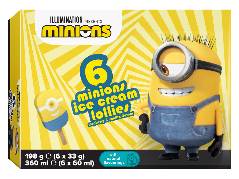 Pakiranje sladolednih lučk z okusom maline in vanilije z motivom Minionov.