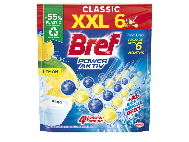 Paket čistila za stranišča z vonjem limone, z 55 % manj plastike in 4-funkcijsko formulo.