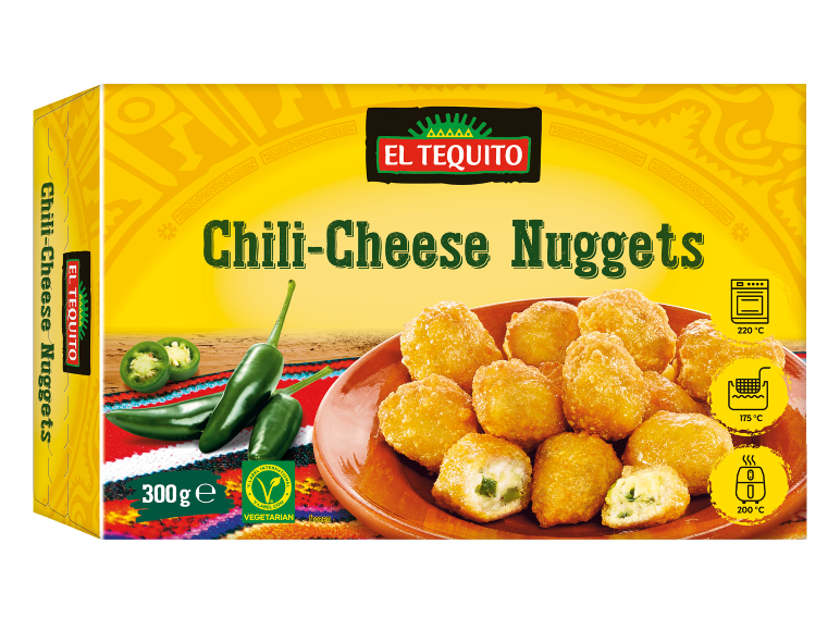 Škatla čili-sirovih nuggetov z jalapeño papriko in navodili za kuhanje.