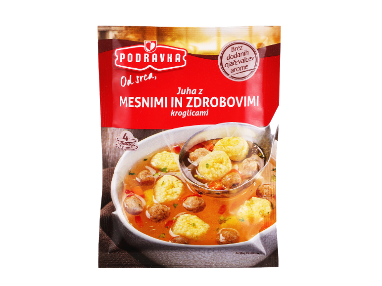 Juha z mesnimi in zdrobovimi kroglicami, brez dodanih ojačevalcev arome, za 4 porcije.
