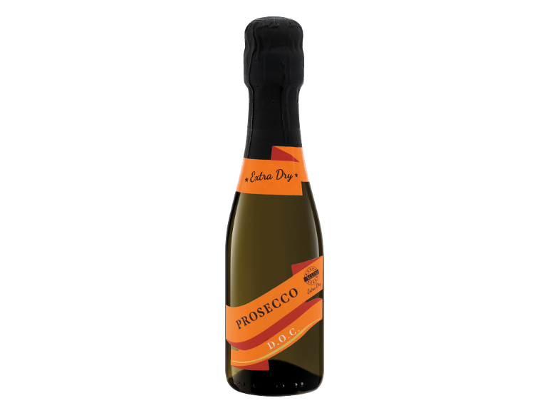Steklenica suhega prosecca z oranžno etiketo in črnim besedilom