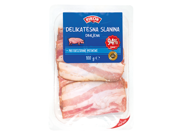 Pakiranje narezane prekajene slanine z 94% mesa, 100 g.