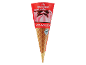 Jagodni sladoledni kornet s čokolado, z napisom »STRAWBERRY« in logotipom Rainforest Alliance.