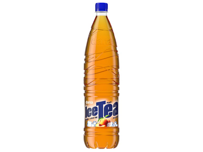 Plastična steklenica breskovega ledenega čaja z modrim zamaškom, z ledenimi kockami in breskvami.