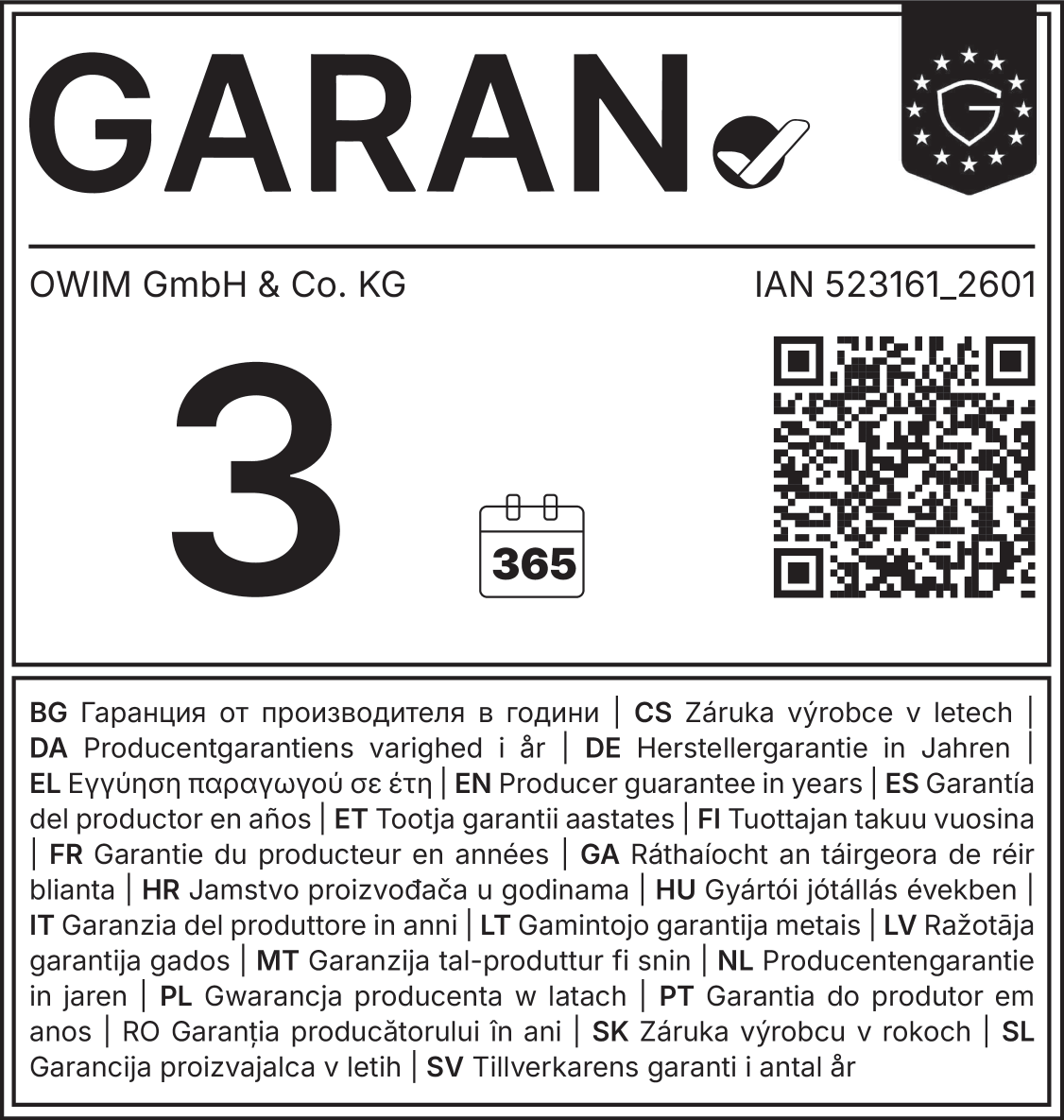 Garancija proizvajalca 3 leta (365 dni), IAN 523161_2601.
