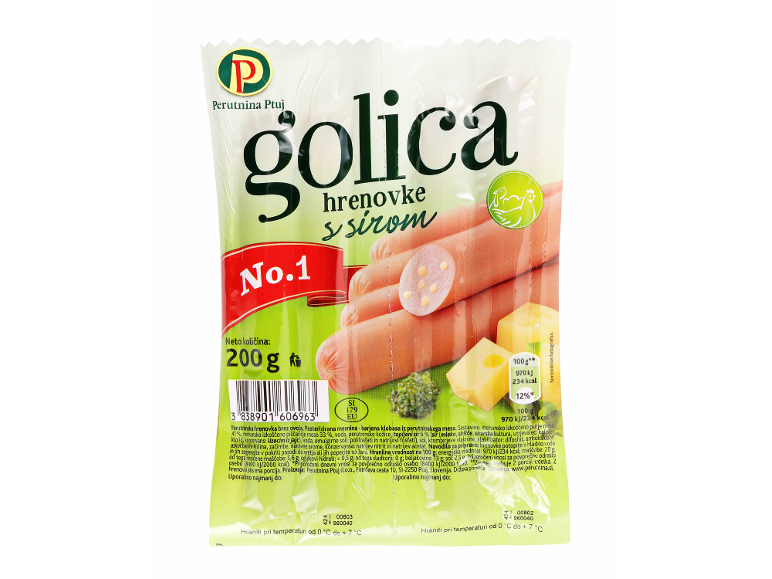 Pakiranje piščančjih hrenovk s sirom, 200g, z informacijami o hranilni vrednosti.