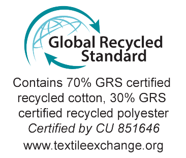 Pečat Global Recycled Standard: 70% GRS certificiranega recikliranega bombaža, 30% GRS certificiranega recikliranega poliestra. Certificirano s strani CU 851646.