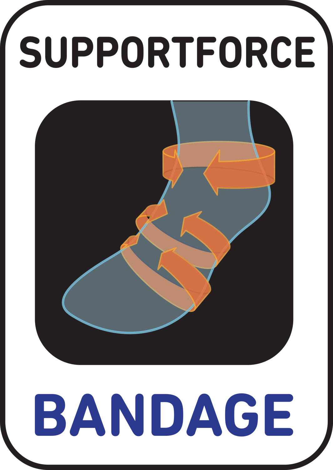 Pečat z besedilom „SUPPORTFORCE BANDAGE“ in ilustracijo stopala s puščicami, ki označujejo podporo.