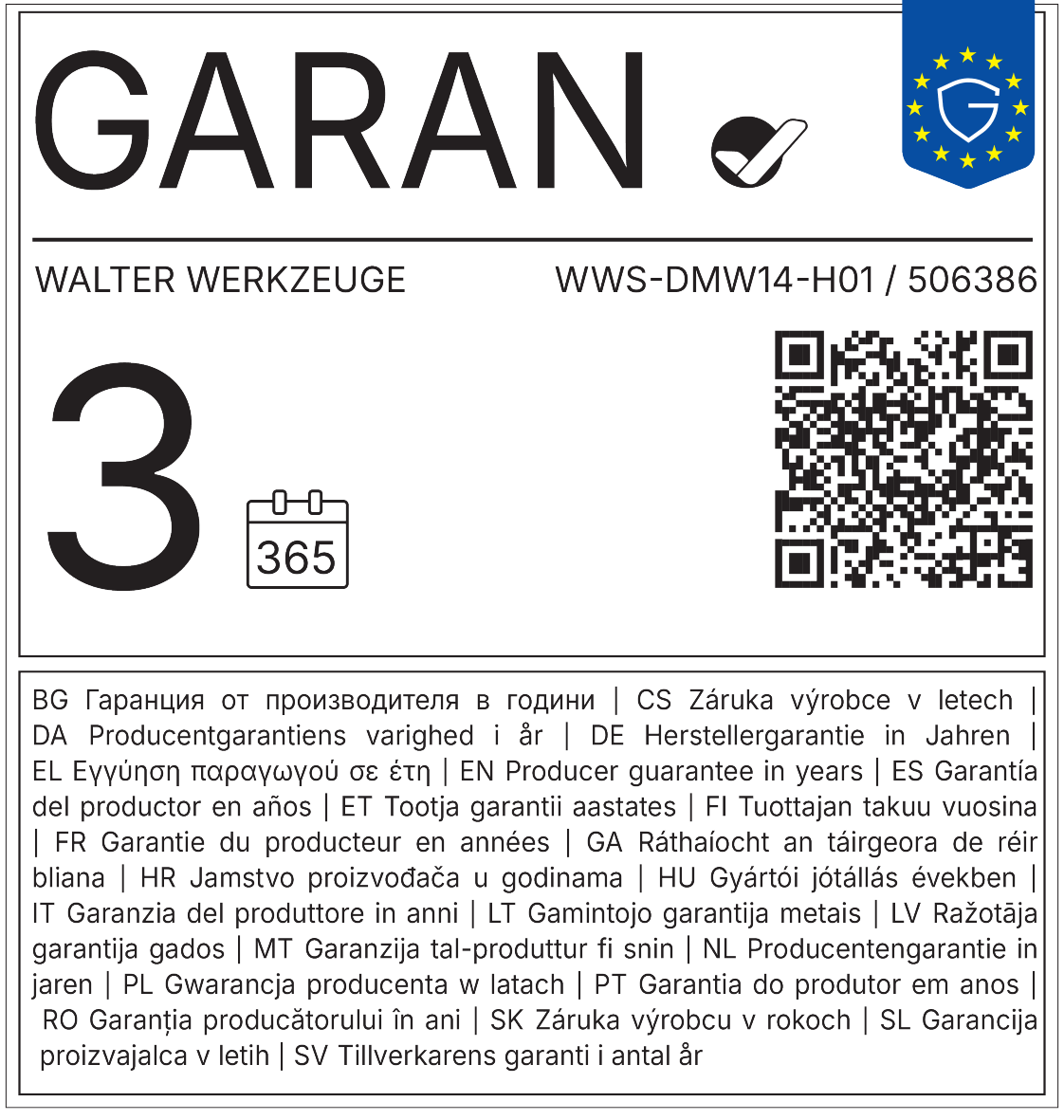 Pečat z besedilom „GARAN“, kodo izdelka WWS-DMW14-H01 / 506386 in „3“ z ikono koledarja „365“.
