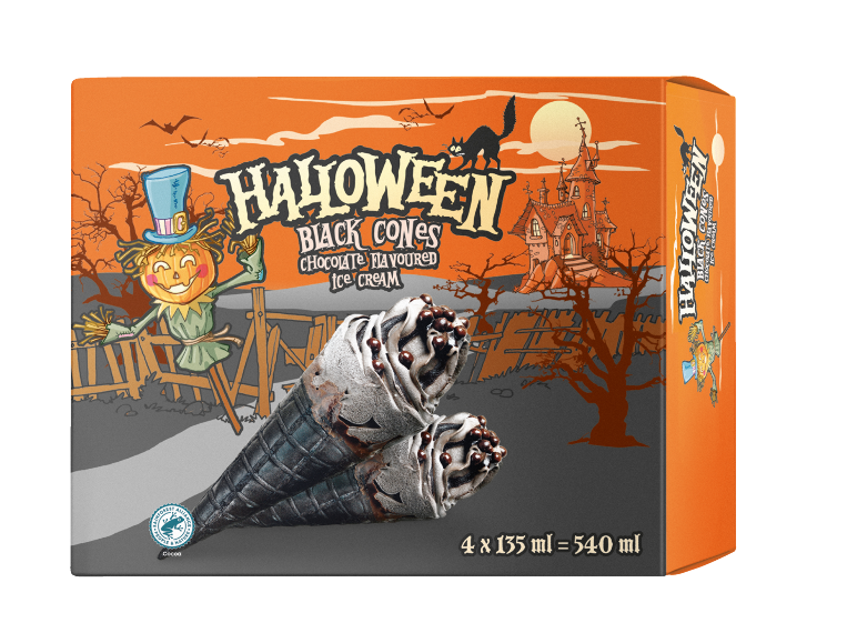 Pakiranje sladoleda Halloween Black Cones z okusom čokolade, 4x135ml=540ml.