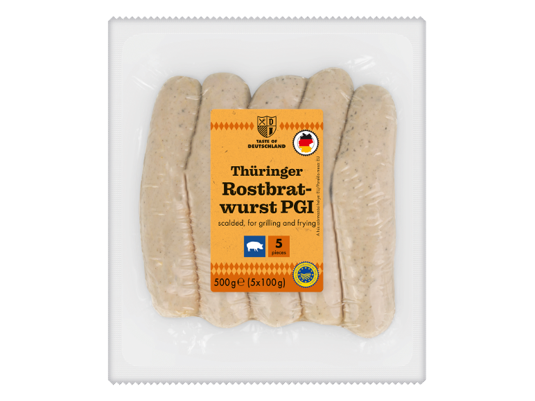 Paket 5 kuhanih klobas Thüringer Rostbratwurst PGI za žar in cvrtje, 500g.
