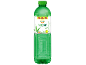 Zelena steklenica napitka aloe vera, 1,5 l, z oznako Nutri-Score E in vegansko oznako.