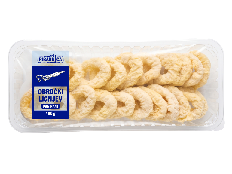 Panirani lignjevi obročki FISCHERSTOLZ v 400 g pakiranju.