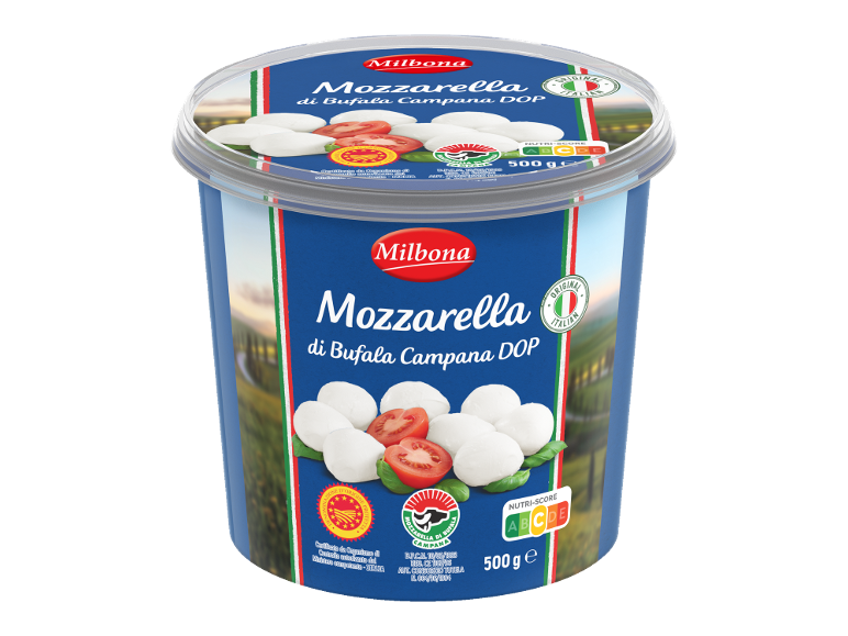 Pakiranje mocarele iz bivoljega mleka Campana DOP s paradižnikom in baziliko, 500g.