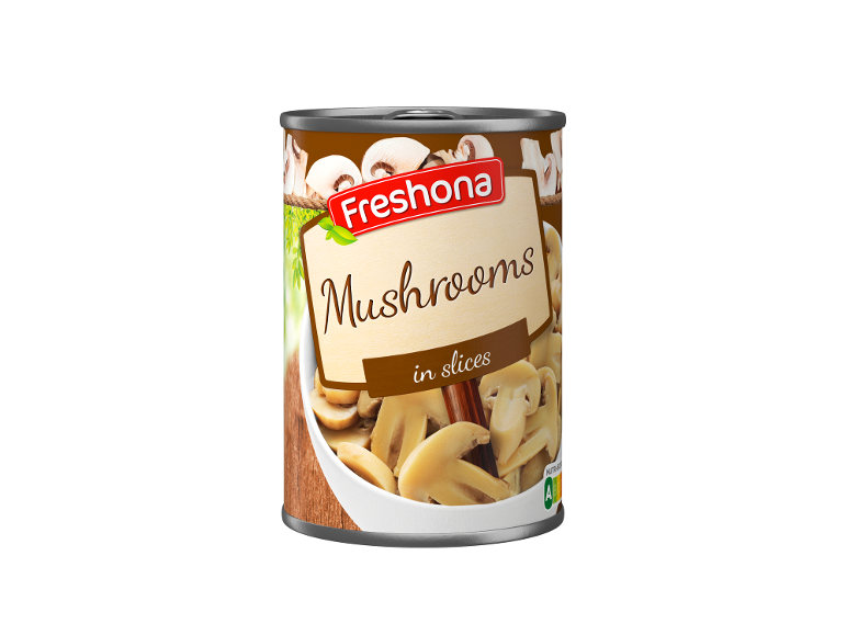 Konzerva narezanih gob z etiketo z napisom 'Mushrooms in slices'.