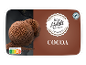 Kakavov sladoled z dvema kepicama in kakavom v prahu, z logotipom sladoleda in Nutri-Score.