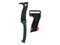 Črna mačeta z nazobčanim rezilom in zelenim ročajem, zraven črn etui