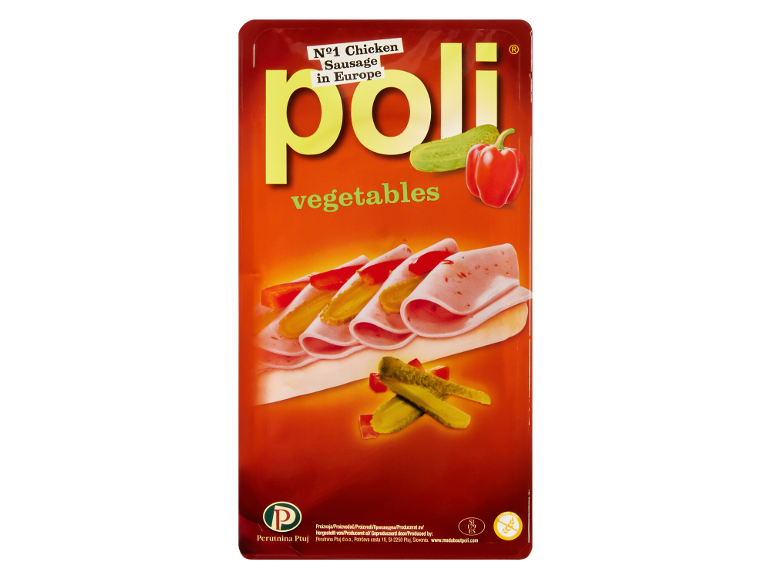 Embalaža piščančje klobase z zelenjavo, s kosi klobase, kumarami in papriko.