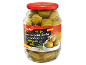 Steklen kozarec celih zelenih oliv s koščicami, s črno in rdečo etiketo, 950g.