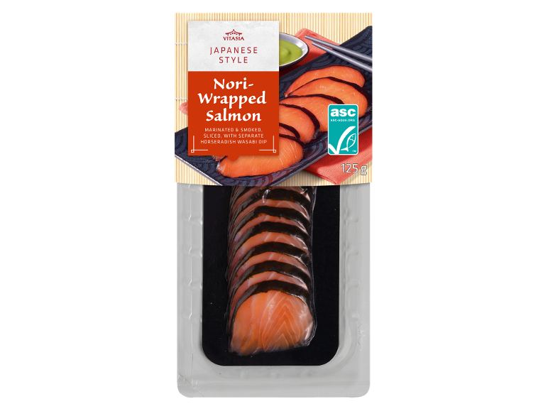 Losos, ovit v nori, mariniran in dimljen, z wasabi omako, 125 g.