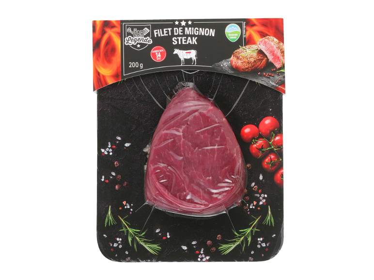 Paket 200g govejega fileja mignona, z napisom „Zorjen min. 14 dni“.