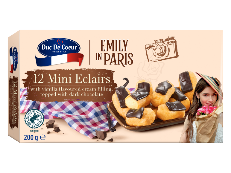 Škatla 12 mini eklerjev z vanilijevo kremo in čokolado, s tematiko Emily v Parizu.