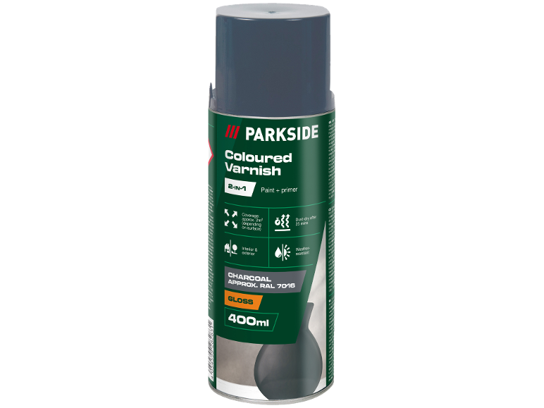 400 ml sprej barve za lakiranje v barvi oglja z osnovnim premazom, sijaj, odporen na vremenske vplive.