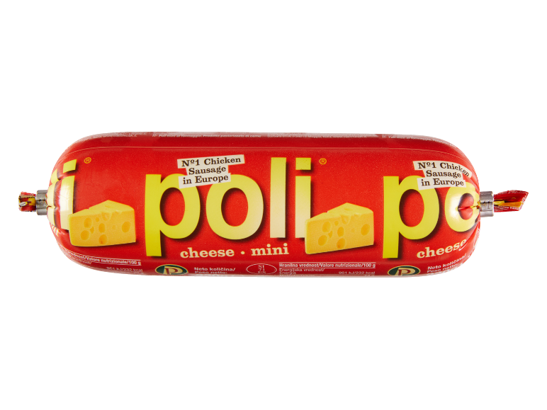 Piščančja klobasa s sirom, mini, z napisom „Nº1 Chicken Sausage in Europe“.