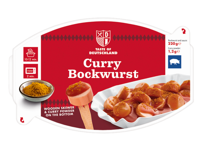 Pakiranje currywursta z omako, karijem v prahu in navodili za pripravo.