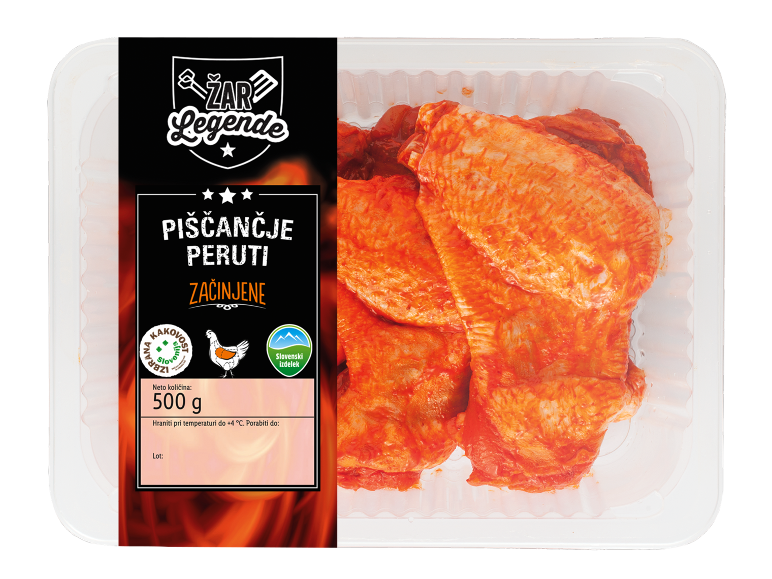 Začinjene piščančje perutničke v embalaži, 500g, hraniti pri +4°C.