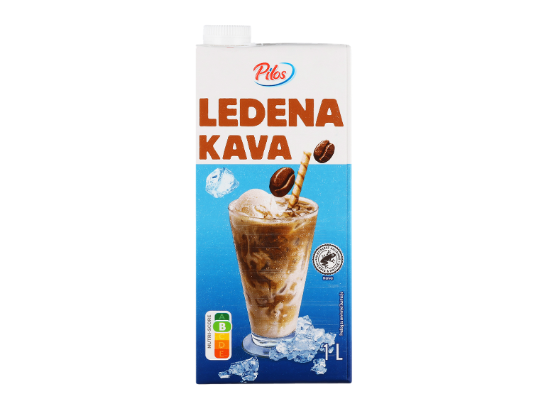 Karton ledenega kave s kozarcem ledene kave, sladoledom in kavnimi zrni.