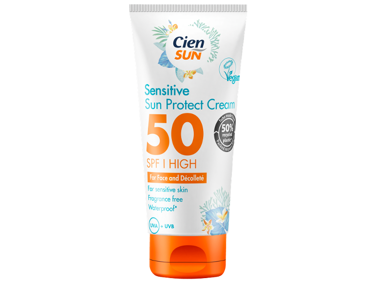 Občutljiva krema za sončenje SPF 50 za obraz in dekolte, brez dišav, vodoodporna, s 50% reciklirane plastike.