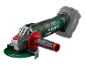Akumulatorski kotni brusilnik s kovinskim rezalnim diskom in stranskim ročajem.