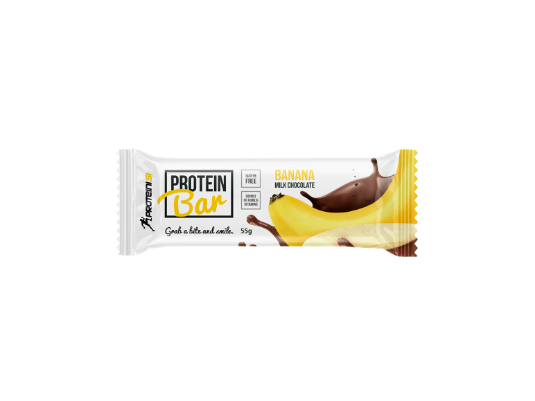 Proteinska ploščica z banano in mlečno čokolado, brez glutena, 55g.